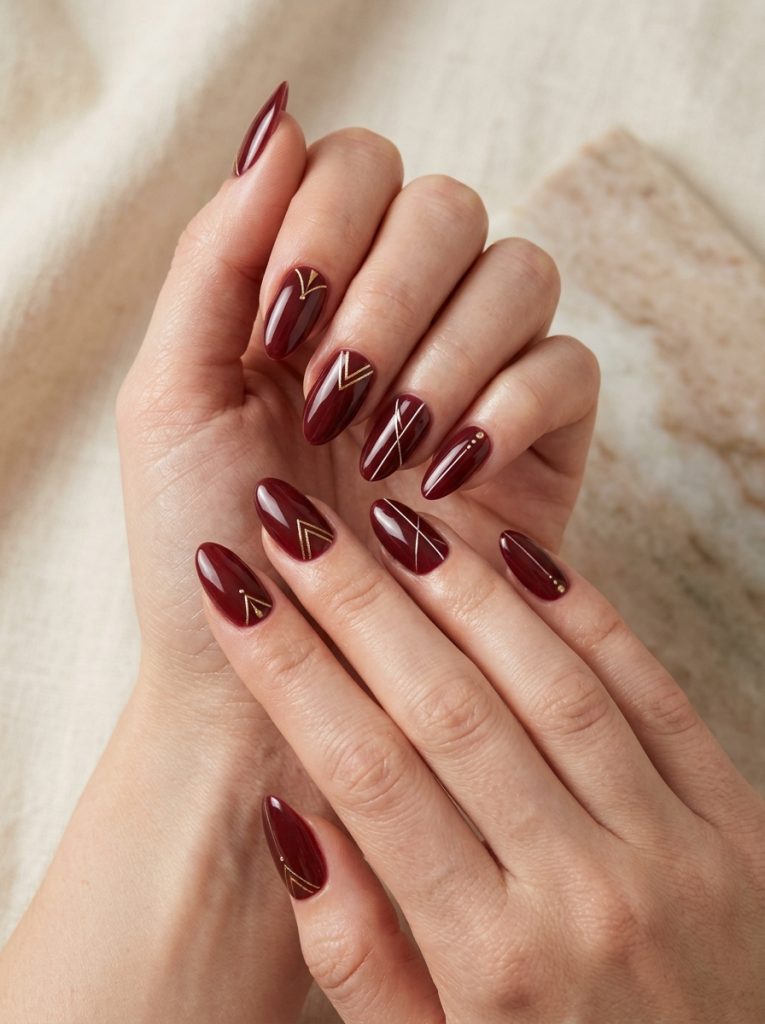 Short Maroon Nails with Minimal Lines
