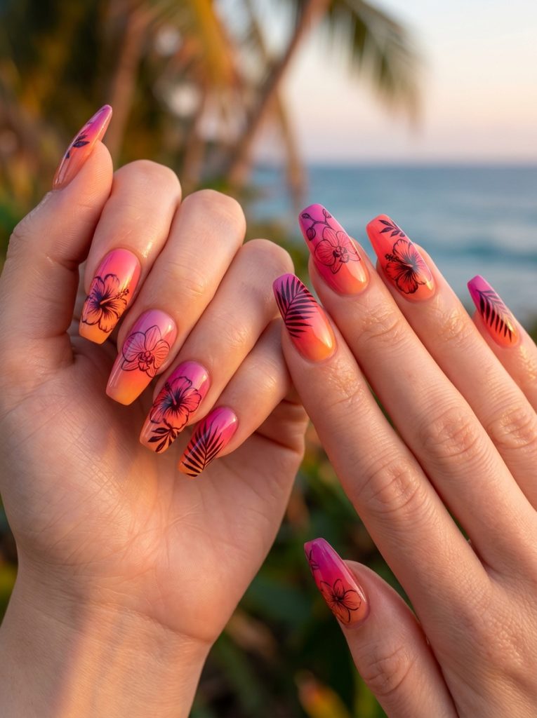 Sunset Floral Nails-Fille vibe