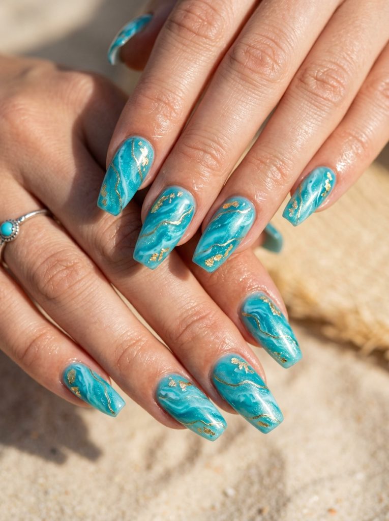 Turquoise Nails with Gold Marble Effect-Fille vibe