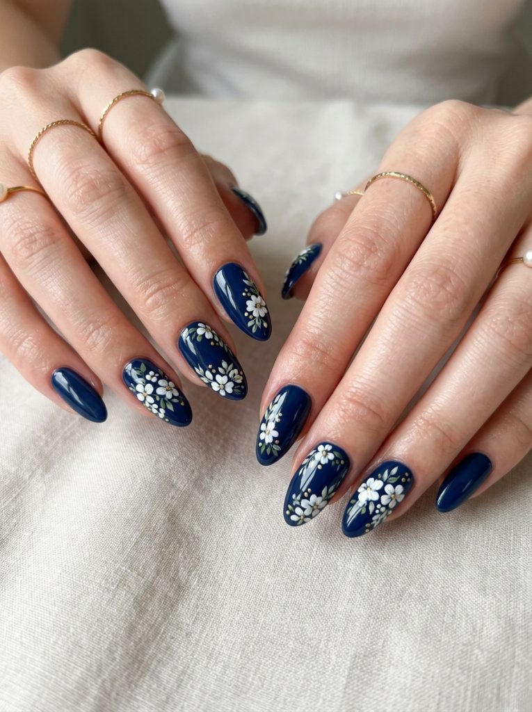 White Floral Art on Navy Blue Nails-Fille vibe