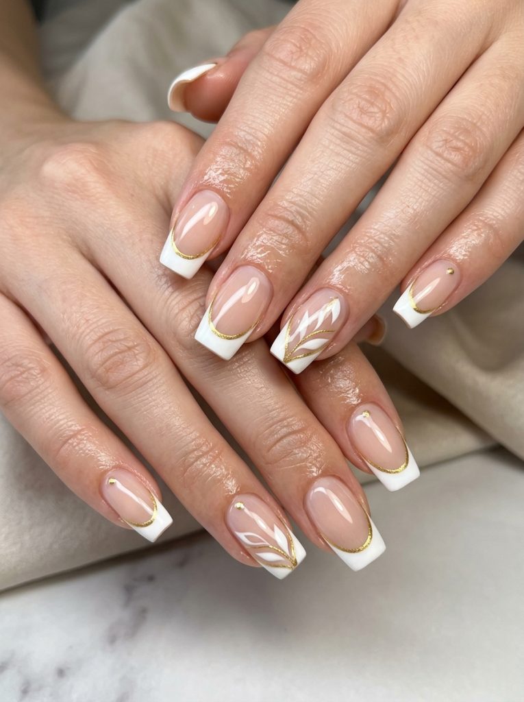 White French Tips with Gold Outline-Fille vibe