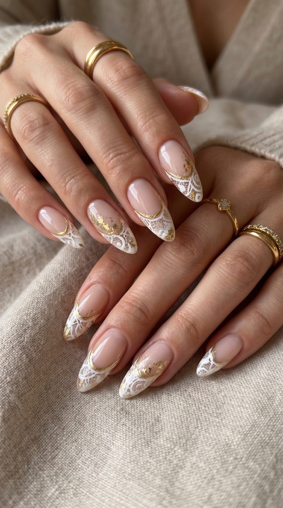 White and Gold Lace French Tips-Fille vibe