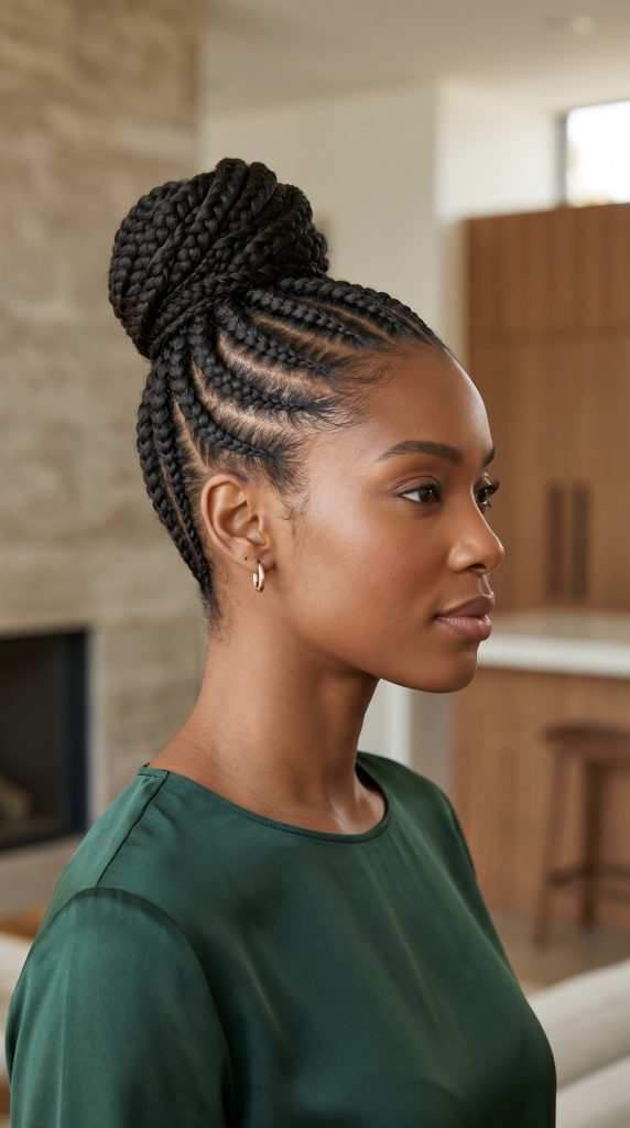 Cornrows with a braided bun hairstyle for Black women
