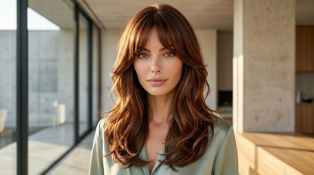 Chestnut Brown Hair With Curtain Bangs