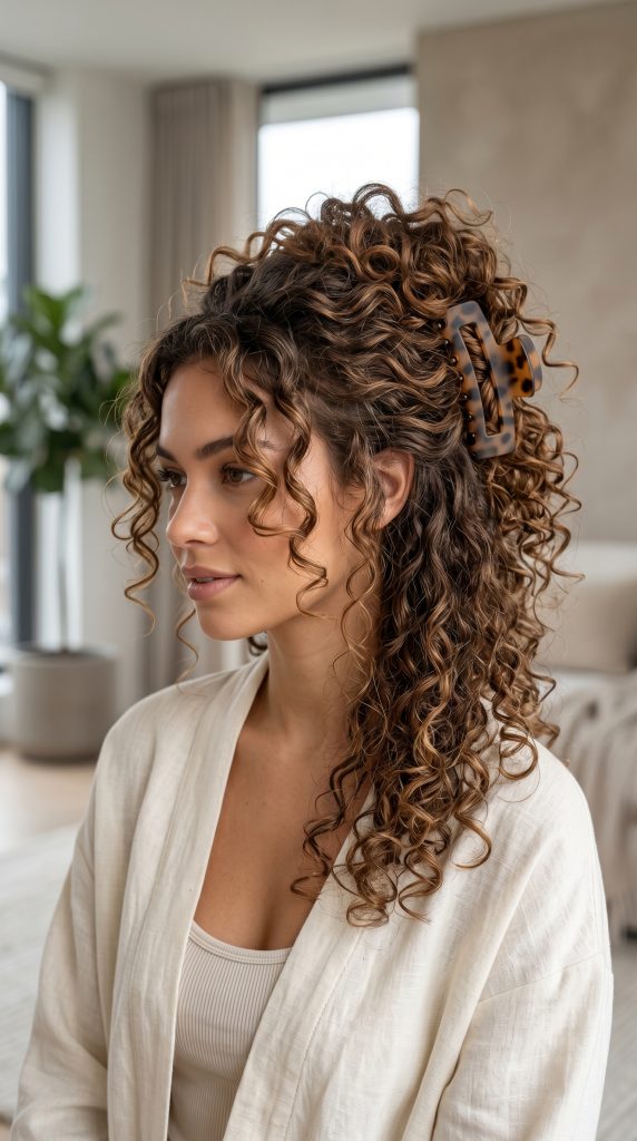 Curly hair claw clip look, one of 10 claw clip hairstyles aesthetic ideas