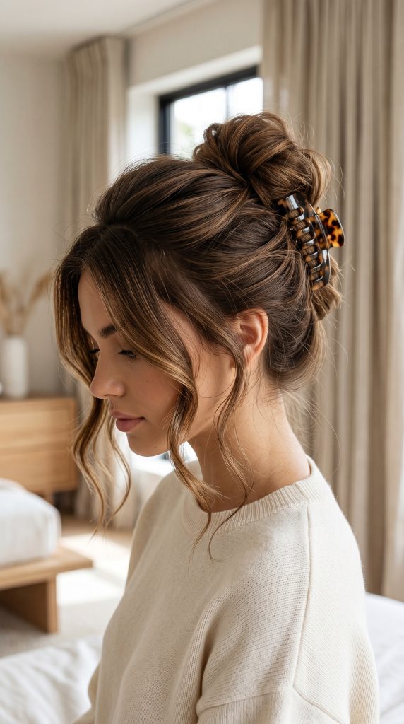 High volume claw clip updo hairstyle, one of 10 claw clip hairstyles aesthetic ideas