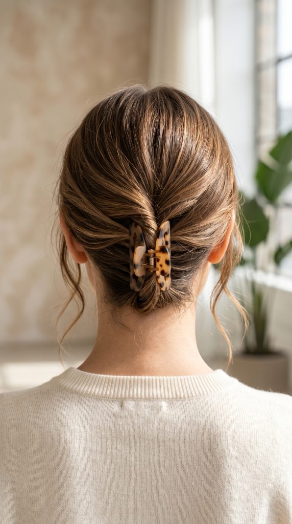 Low claw clip twist hairstyle, one of 10 claw clip hairstyles aesthetic ideas