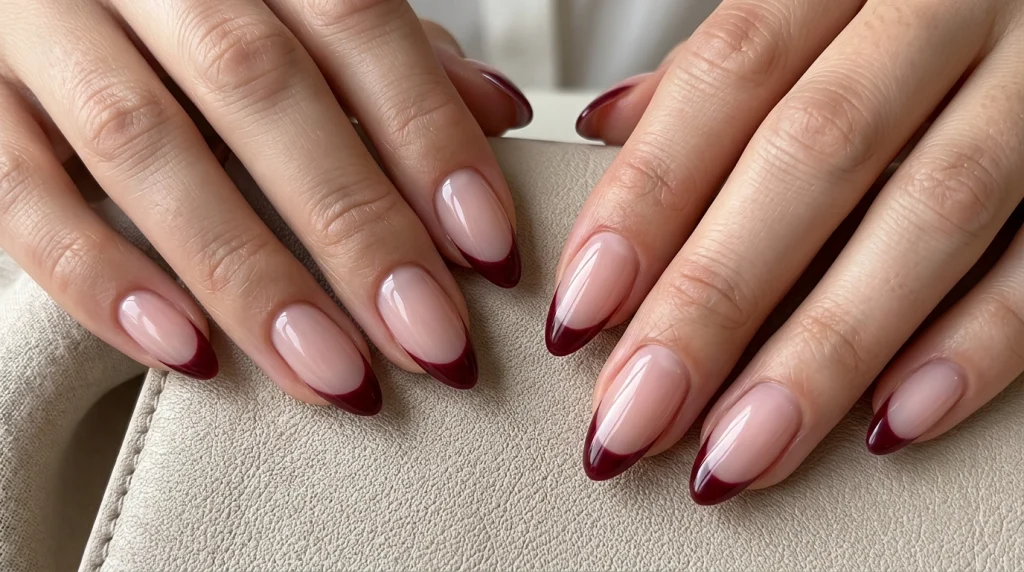 Burgundy_French_tip_almond_nails_Fille vibe