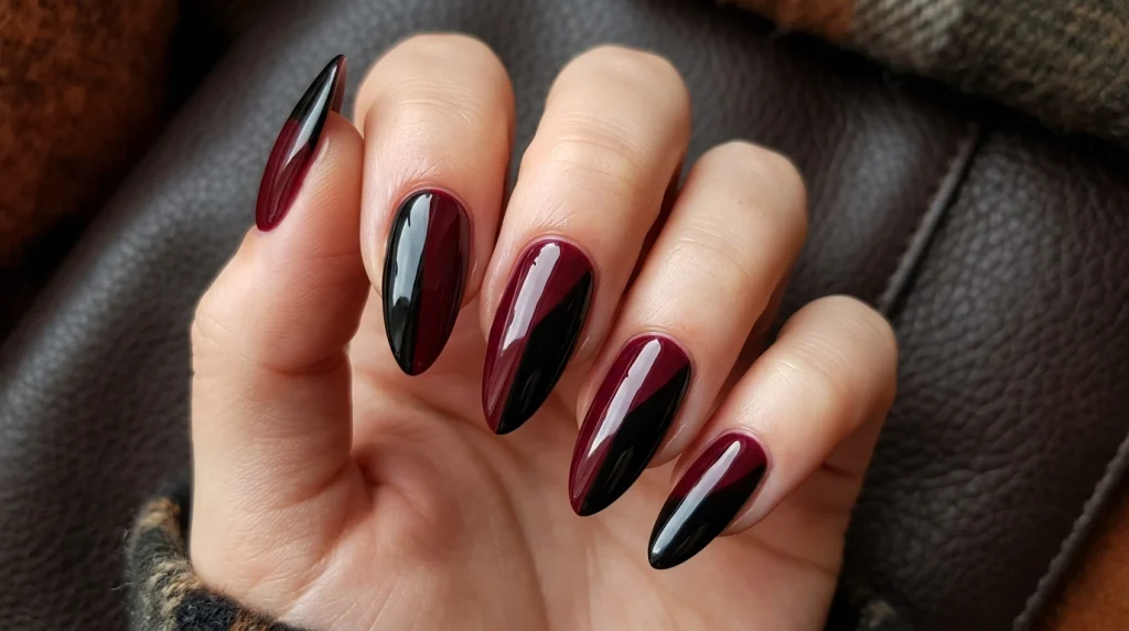 Burgundy_and_black_split_nails_Fille vibe