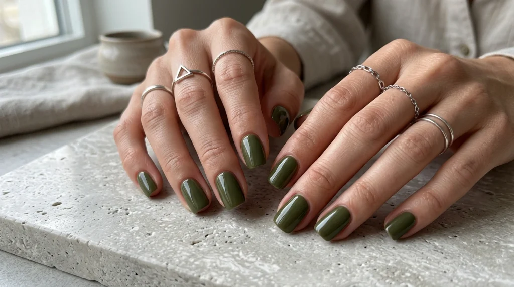 Olive_green_squoval_nail_Fille vibe