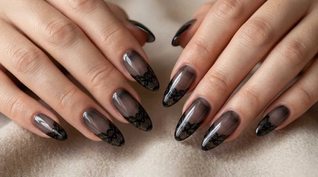 Sheer black Lace nails-Fille vibe