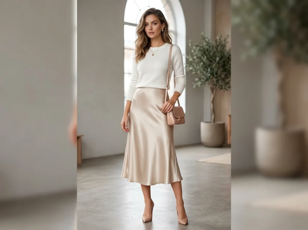 White Sweater With a Satin Midi Skirt-Fille vibe
