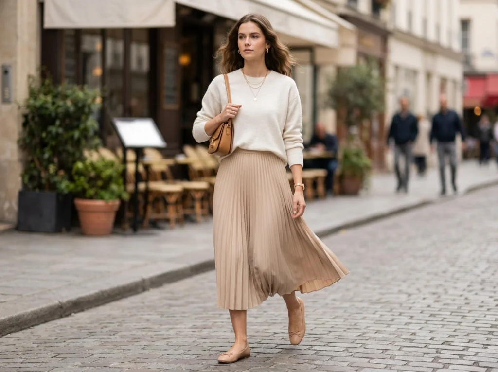 White_sweater_pleated_skirt_Fille vibe