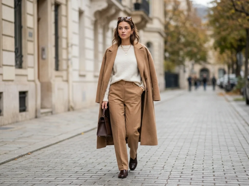White_sweater_with_camel_trousers_Fille vibe