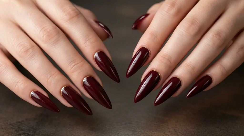 Dark_cherry_gold_nail_design_Fille vibe