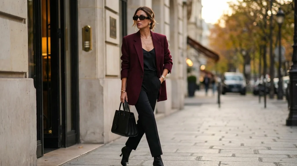 Woman_wearing_burgundy_blazer_outfit-fille vibe