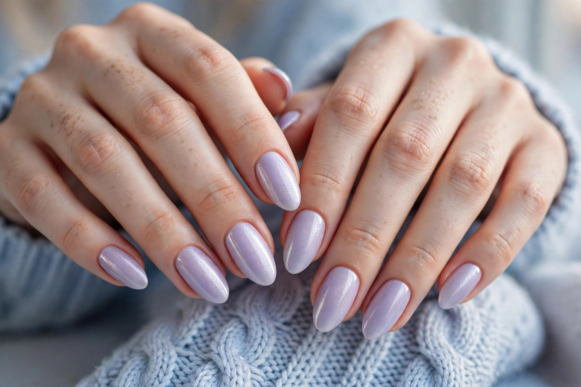 Frosted lilac winter nails with a glossy shimmer finish, hand in a light blue cable-knit sweater