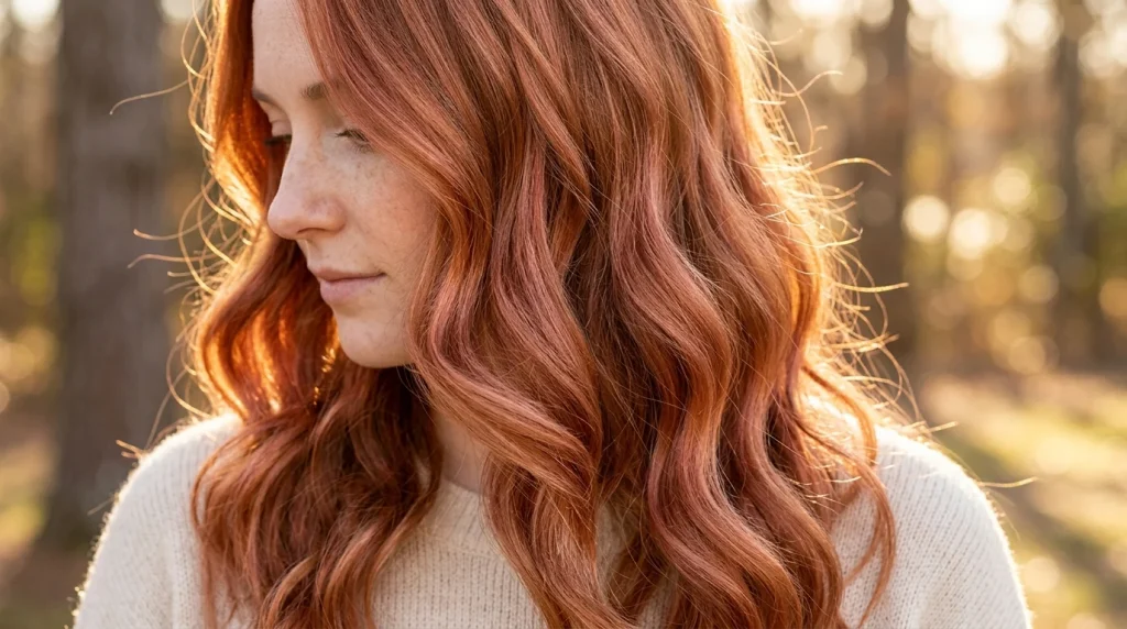 amber auburn hair color, strawberry amber shade on fair skin
