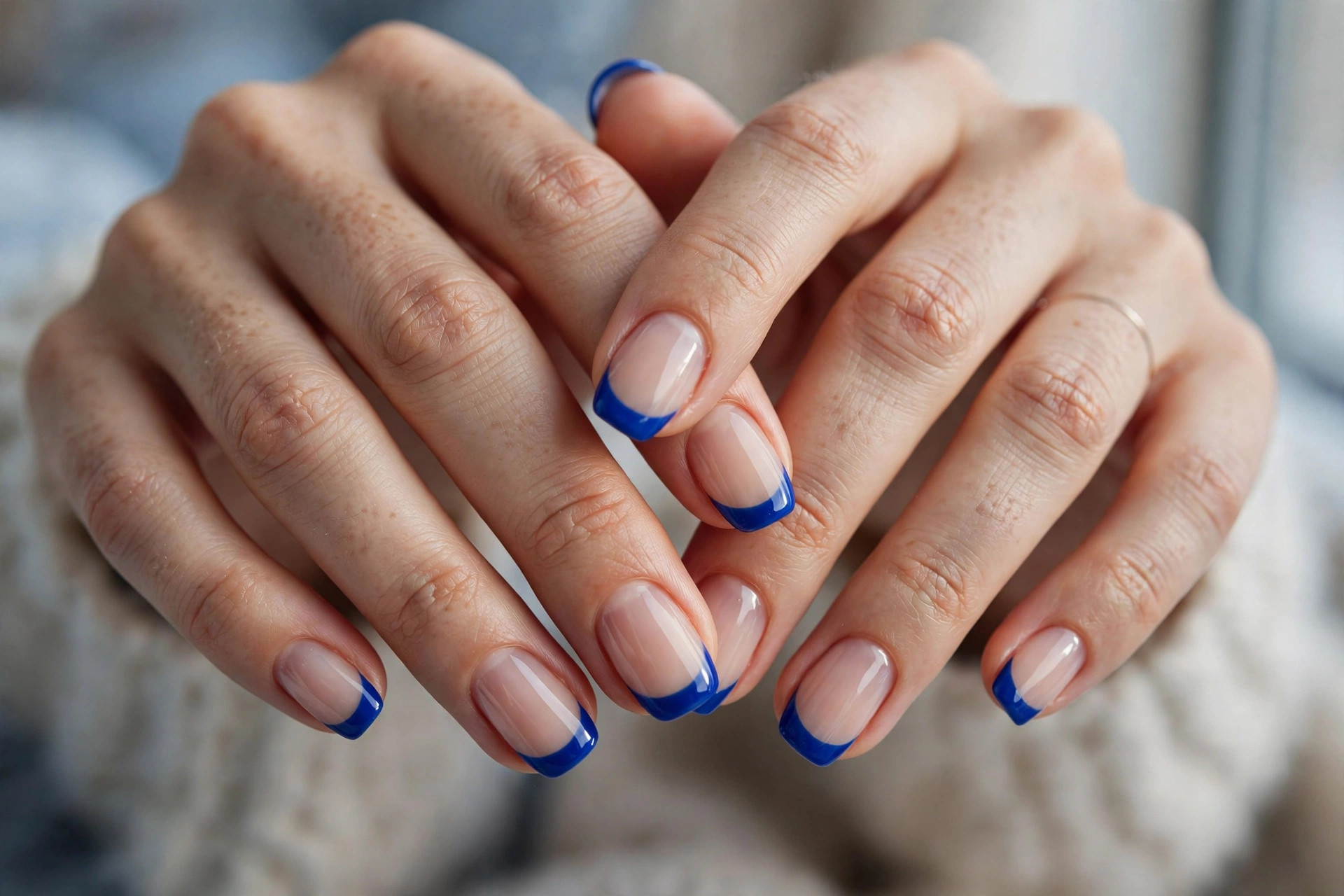 Cobalt blue French tip winter nails on short nails with a sheer nude base