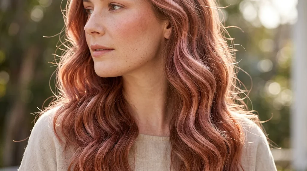 amber auburn hair color, rose copper shimmer on fair skin