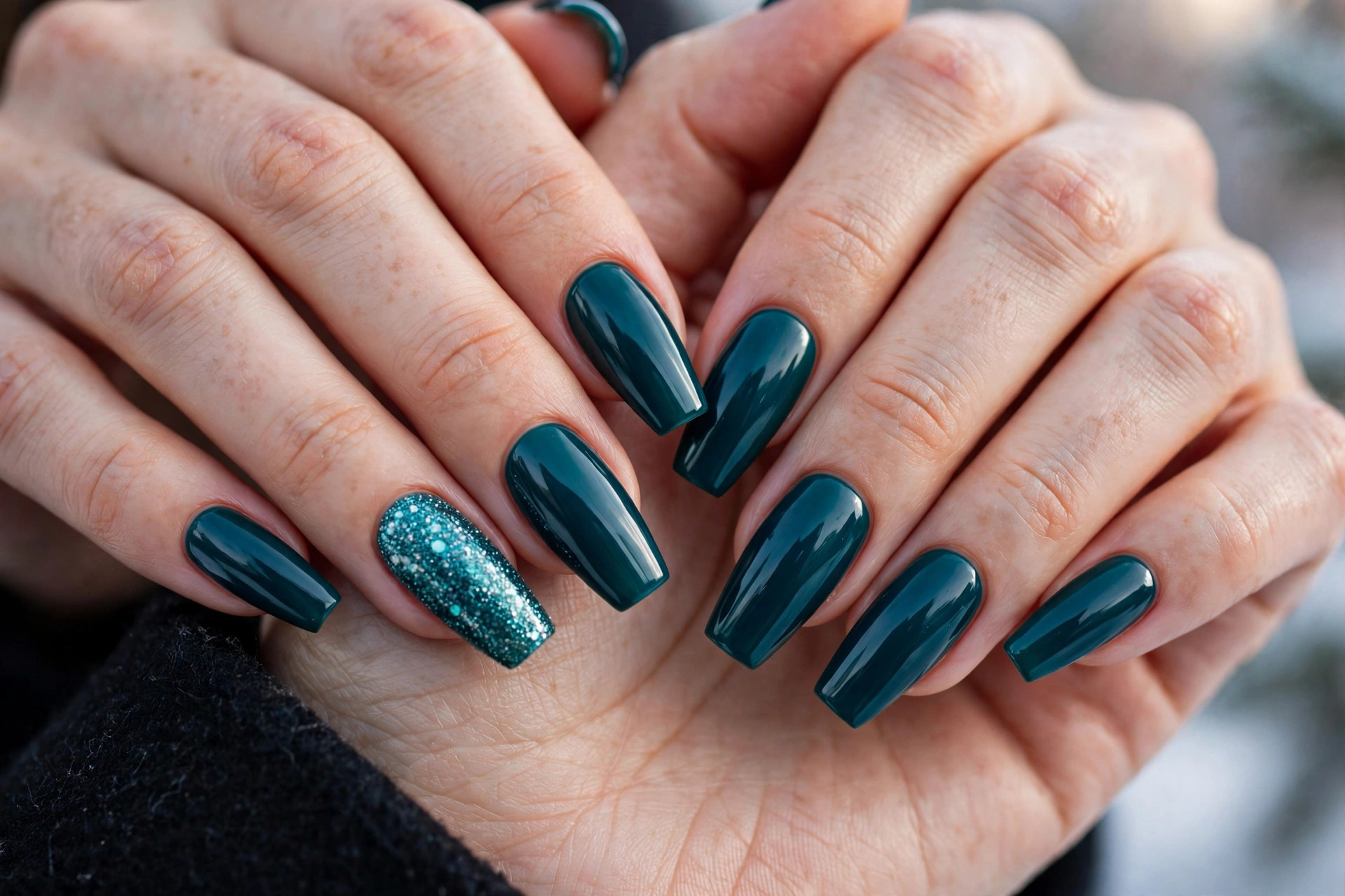 Vivid jewel teal winter nails with a teal glitter accent nail on long coffin nails