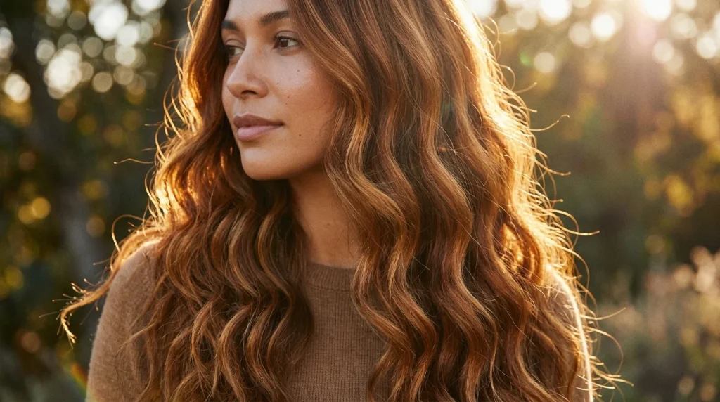 amber auburn hair color, honeyed auburn on medium skin tone