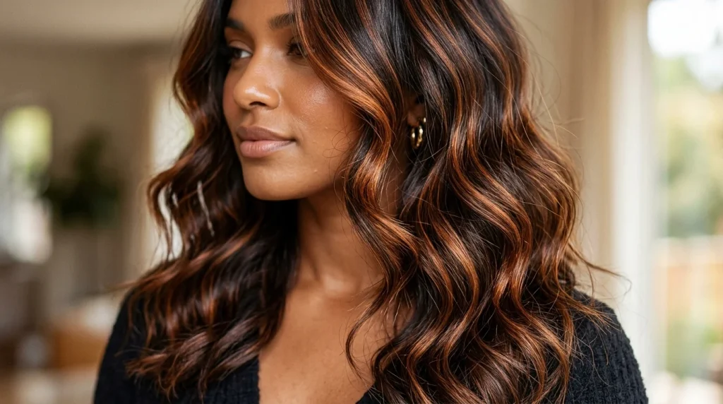 amber auburn hair color, copper cocoa on medium deep skin tone