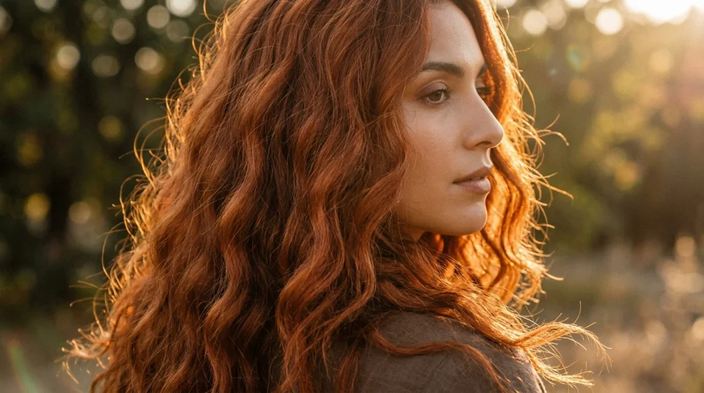 amber auburn hair color, terracotta copper on olive skin