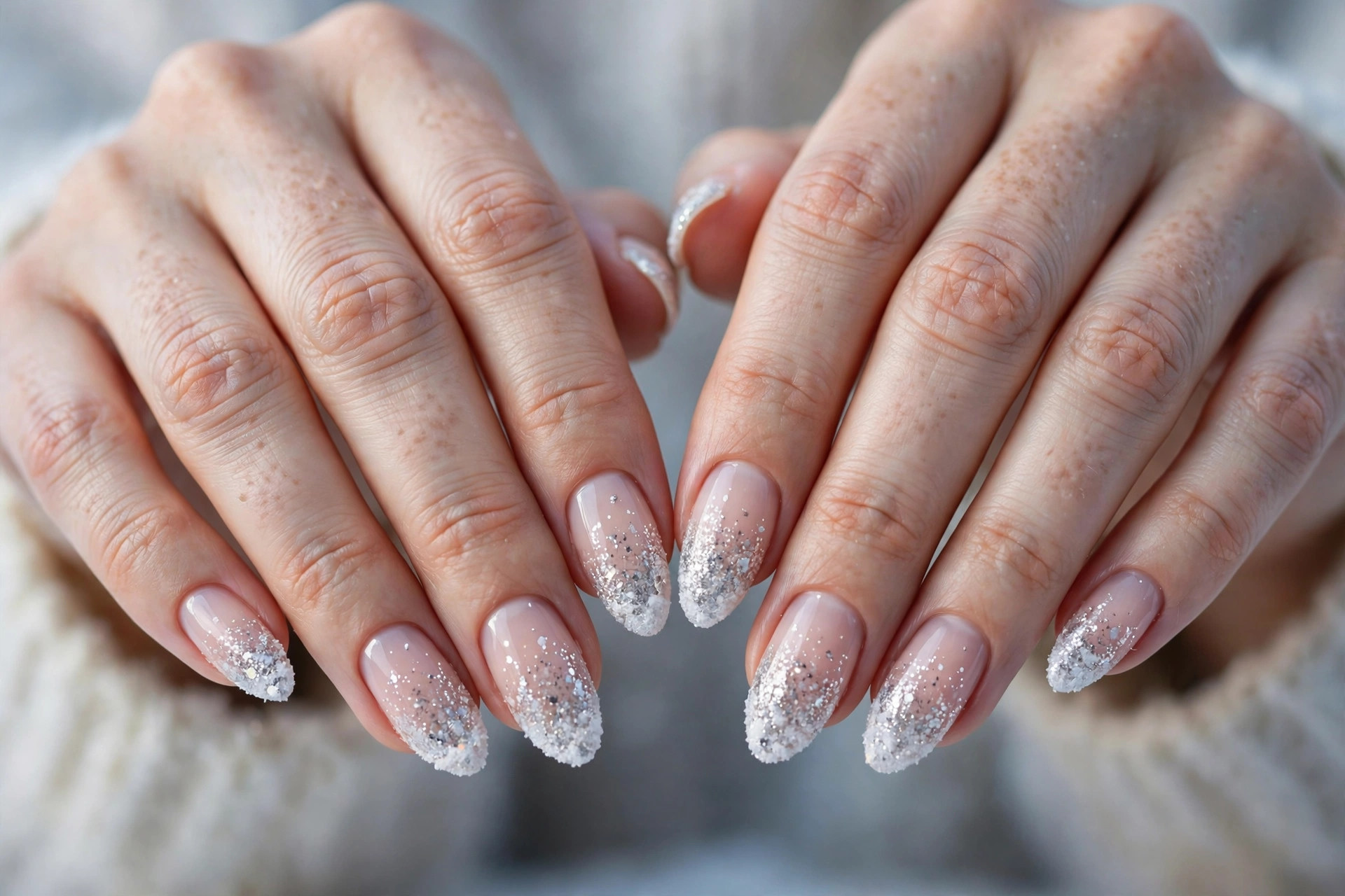 Snowfall glitter fade winter nails with silver glitter fading from the tips over a nude base