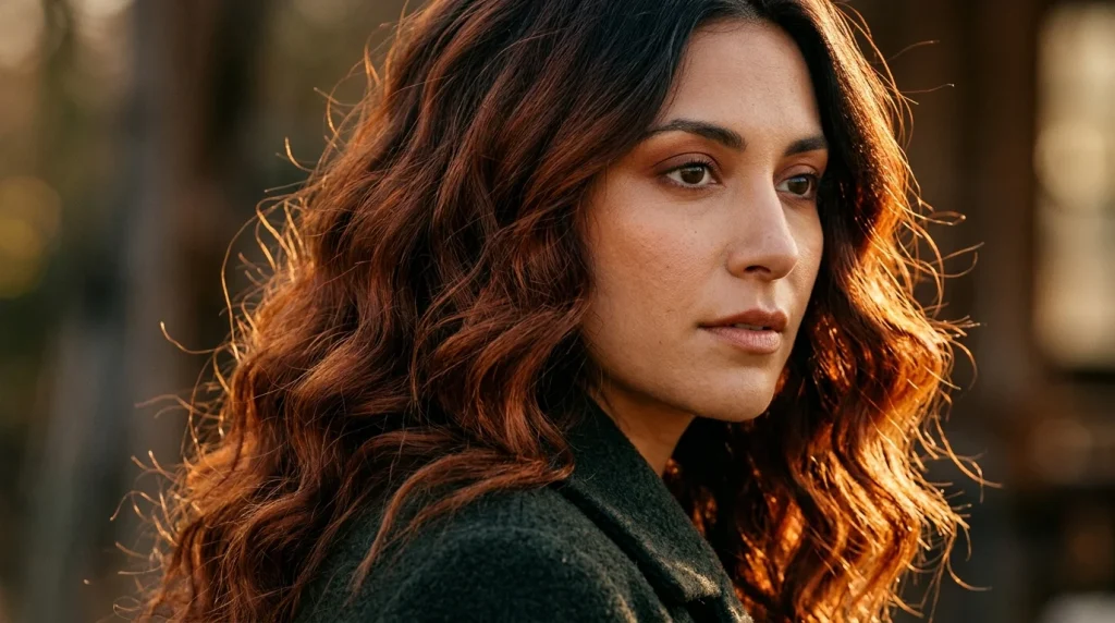 amber auburn hair color, burnt copper on olive skin
