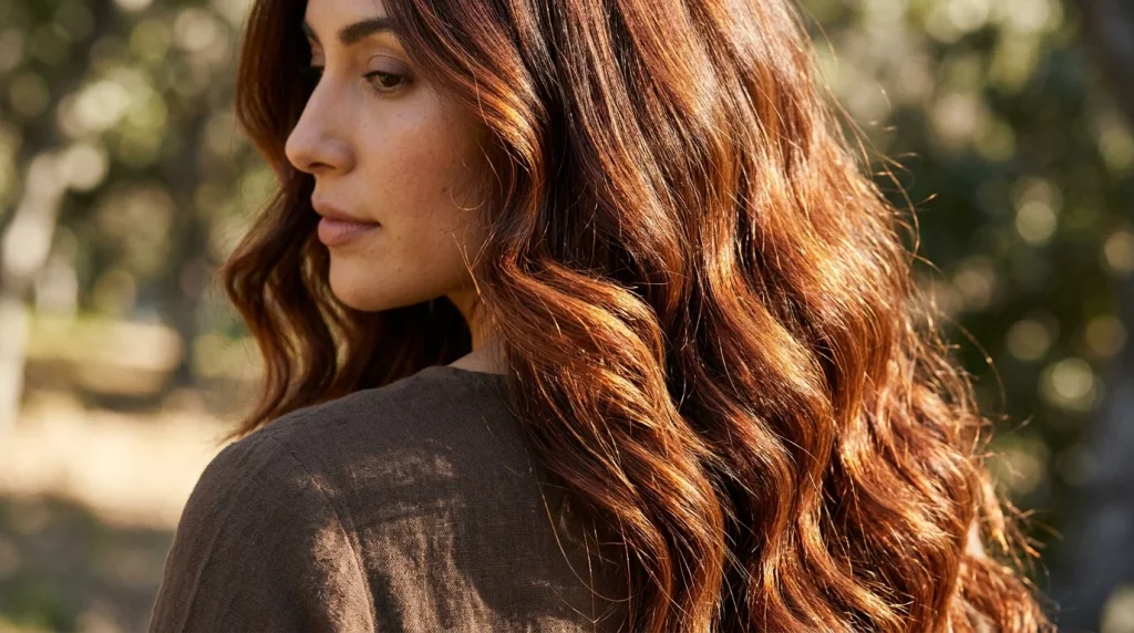 amber auburn hair color, golden mahogany glow on olive skin