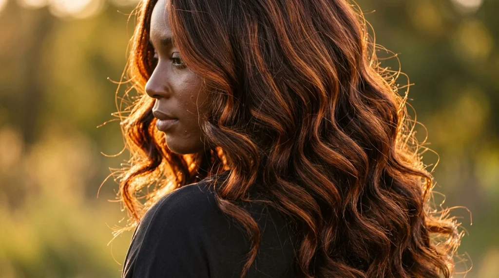 amber auburn hair color, dark auburn glow on deep skin tone