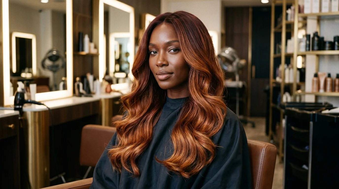 amber auburn hair color, deep mahogany auburn shade on deep skin tone