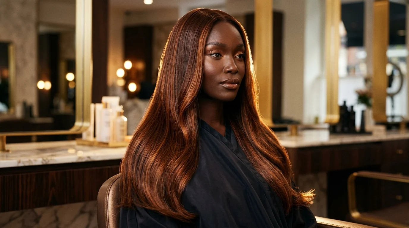 amber auburn hair color, molten copper shade on deep skin tone