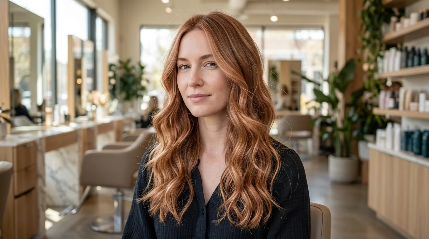 amber auburn hair color, airy peach copper shade on fair cool skin tone