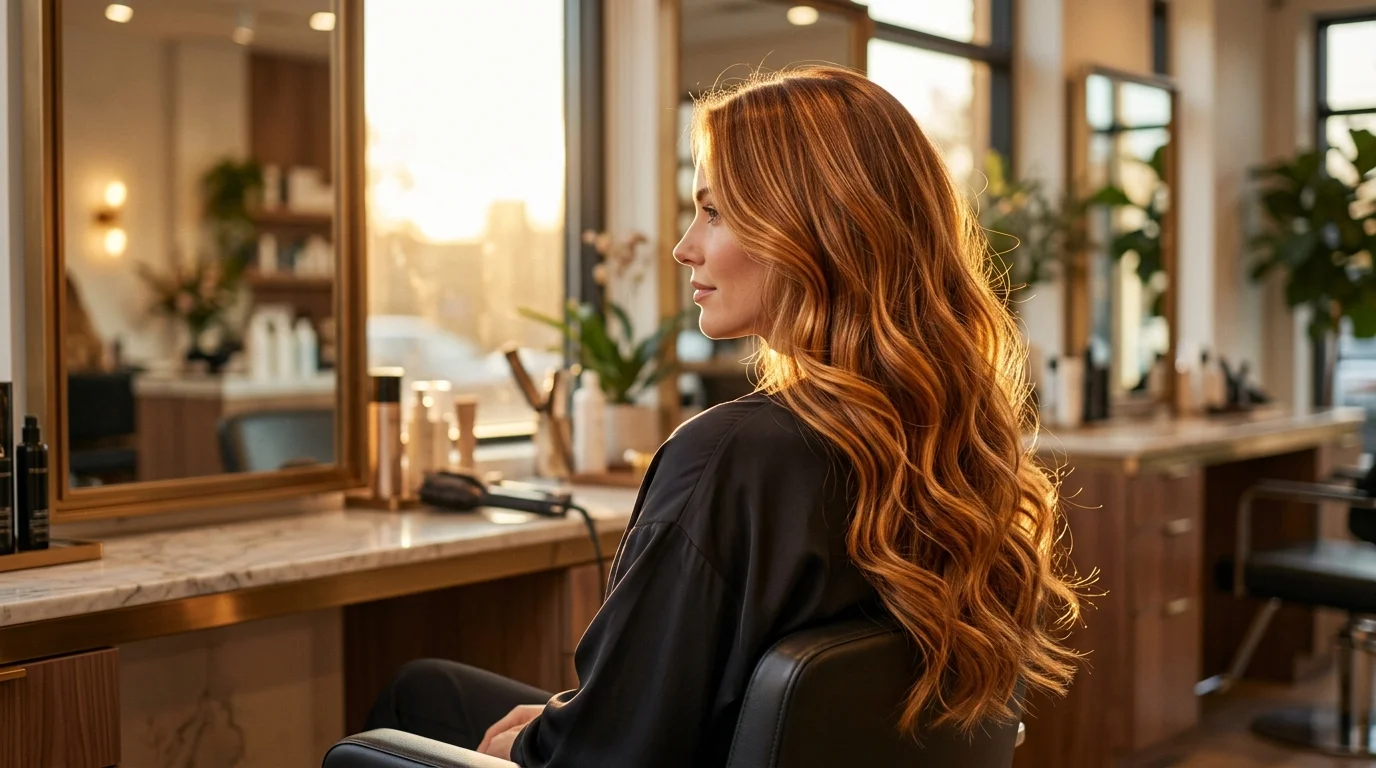 amber auburn hair color, golden copper glow on fair warm skin tone