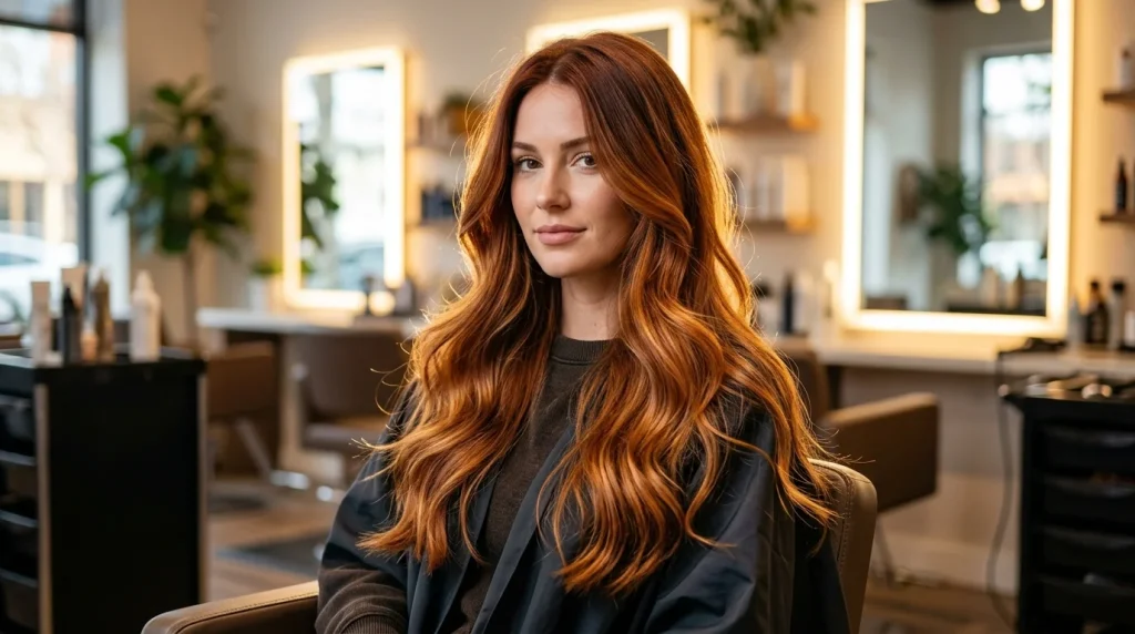 amber auburn hair color, warm copper shade on medium skin tone