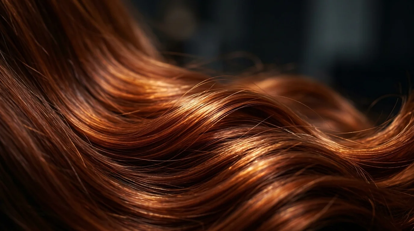 amber auburn hair color, glossy copper shine on deep skin tone