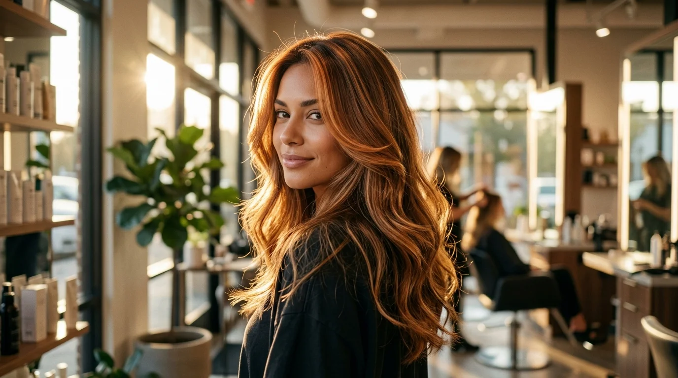 amber auburn hair color, sunkissed copper shade on medium skin tone