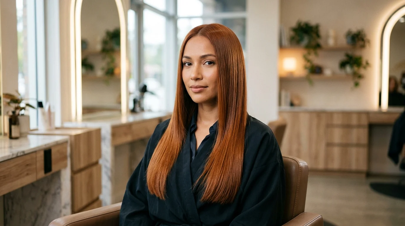 amber auburn hair color, classic auburn shade on deep skin tone