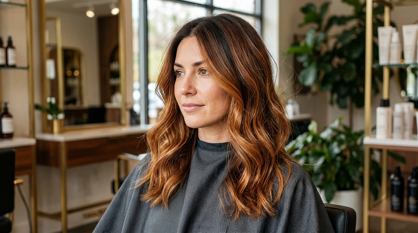 amber auburn hair color, rooted copper melt on medium skin tone