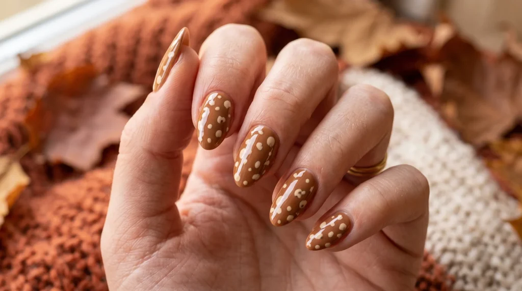 Bambi nails 2026: classic caramel fawn spots on almond nails