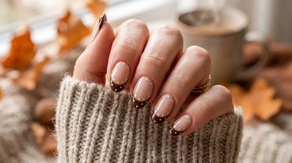 Bambi nails 2026: chocolate French tips with cream fawn spots