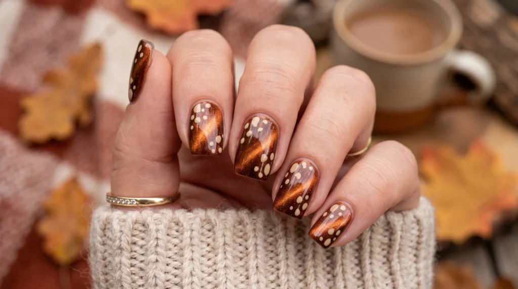 Bambi nails 2026: copper cat-eye nails with fawn print