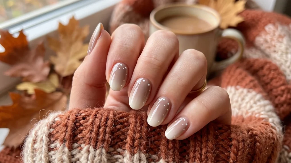Bambi nails 2026: toasted taupe ombré with white spots
