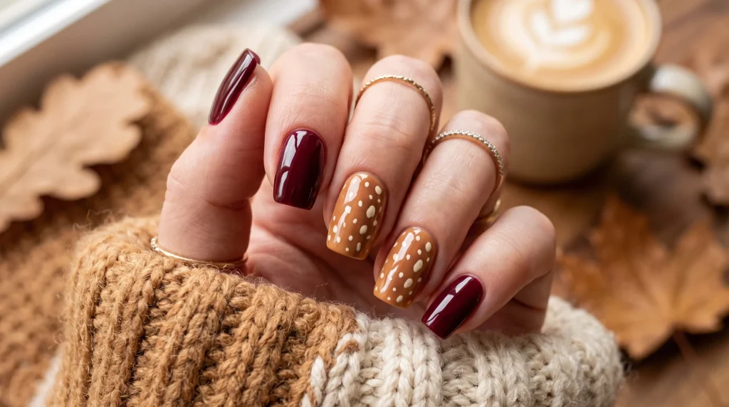 Bambi nails 2026: burgundy nails with fawn print accent nails