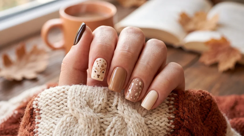Bambi nails 2026: espresso and cream skittle set with fawn spots