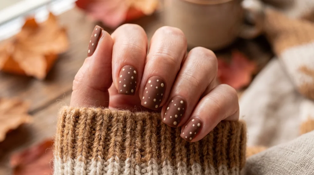Bambi nails 2026: matte chestnut velvet nails with cream spots