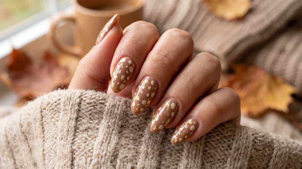 Bambi nails 2026: fawn spots with gold foil flecks