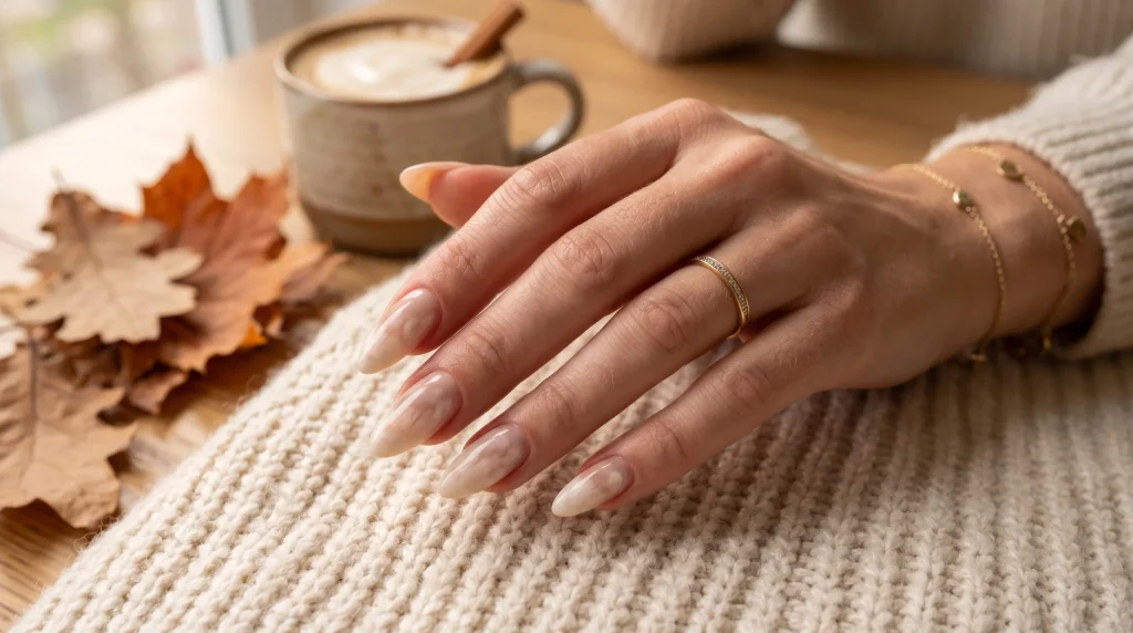 Bambi nails 2026: long almond nails in milky coffee fawn print